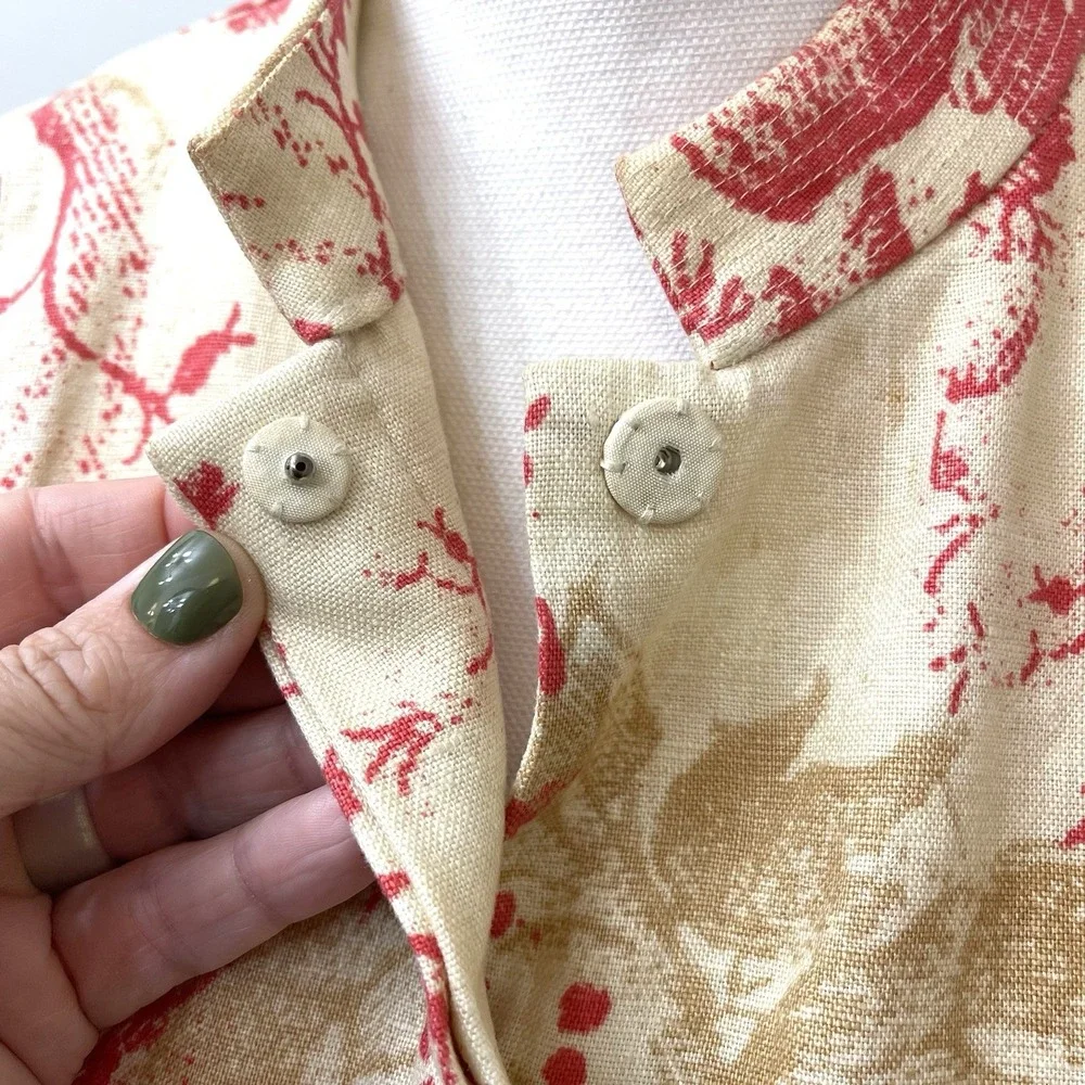 Sigrid Olsen Linen Coat Cream Coral Embroidery‎ Mandarin Collar Medium